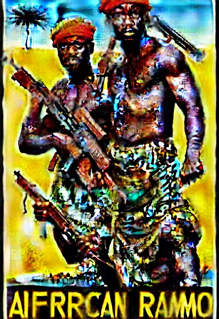 Prompt: african rambo - movie poster, 1 9 9 3, hq print