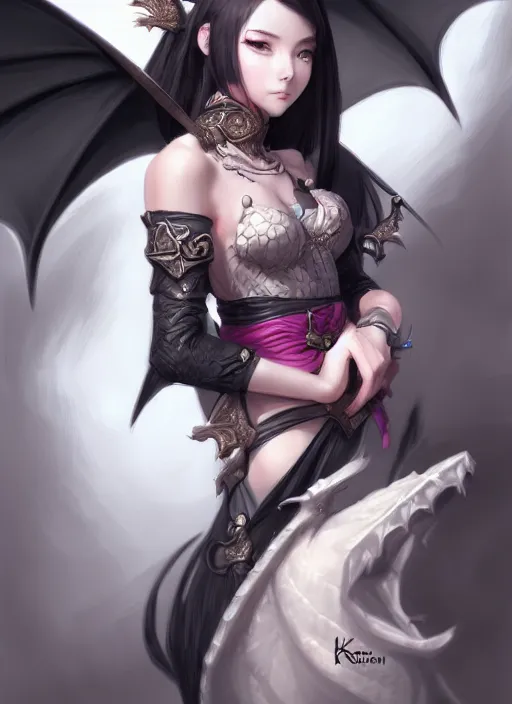 Prompt: female dragon tamer, wide angle view, japanese dragon, black, white, gold, pink, blue colors diamonds, highly detailed, artgerm, cushart krenz, artstation, soft light, sharp focus, illustration, character design, concept art