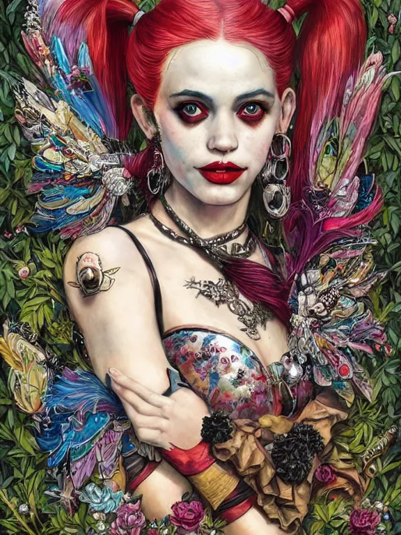 Image similar to a 65mm portrait of harley quinn between embellished avian-inspired sequined feather-adorned wings and flower bushes,by tom bagshaw,Cedric Peyravernay,DIOR,marie spartali Stillman,William Morris,Dan Mumford,trending on pinterest，maximalist,glittering,feminine