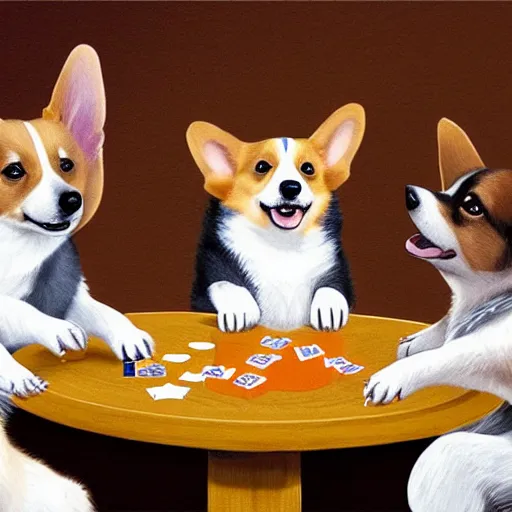 Prompt: a realistic picture of three corgis playing cards on a round table and drinking beer