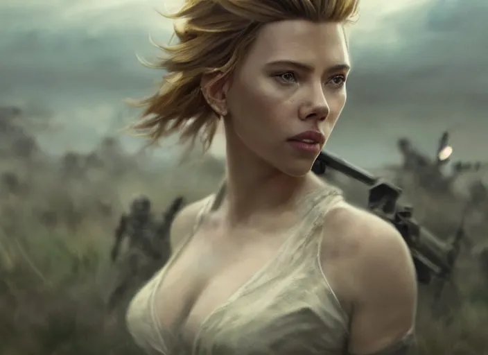 Image similar to close up cinematic artwork of Scarlett Johansen staring down the enemy on the battlefield by Greg Rutkowski, 4k, masterpiece