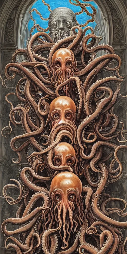 Image similar to group of human mages with octopus heads arguing with prehistoric jellyfish medusa colossal head in an ancient mage castle hall enormous scale, gothic and baroque, brutalist architecture, ultradetailed, Intricate by James Jean and Josan Gonzalez and John Howe and Giuseppe Arcimboldo