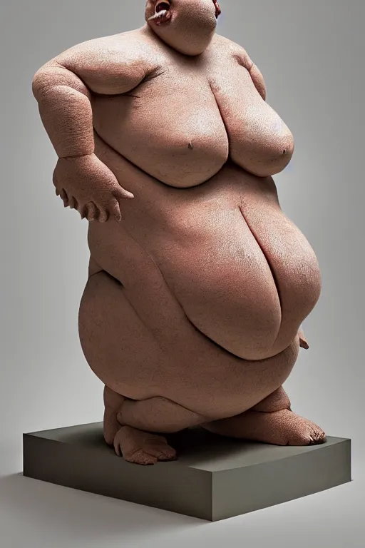 Image similar to human biomorphic mutated geometric biological structure made of skin and hair standing on two legs dancing a plinth, overweight, obese, distorted, highly detailed, hyper - realist sculpture