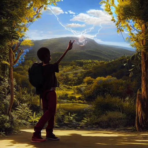 Image similar to a black kid on a florest talking to a bright ghost, pale light, scenic view, hyper realistic, octane render, ultra detailed, a realistic colorful painting by Kehinde Wiley , trending on artstation.