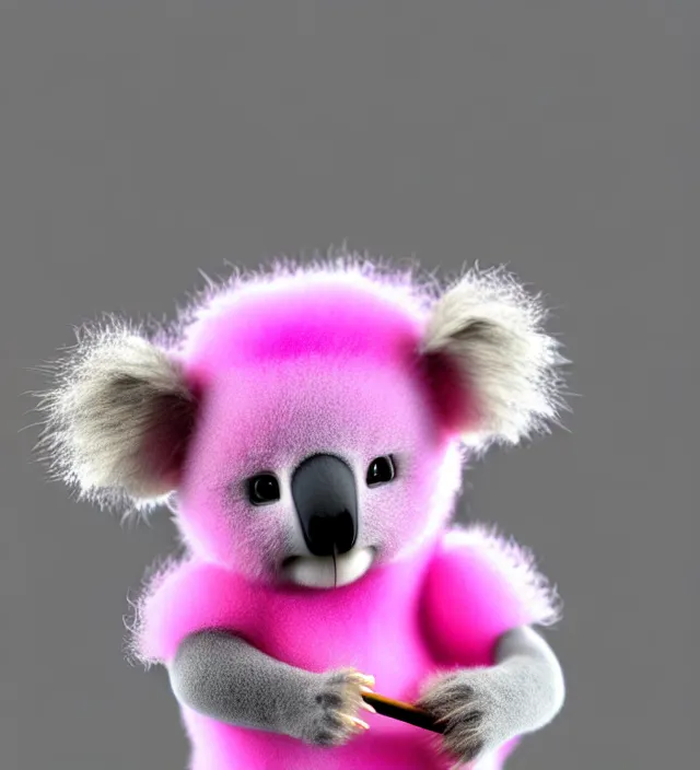 Prompt: high quality 3 d render hyperrealistic very cute small pink koala smoking joint, smoke rising from the joint, plush mascot, short spiky dense fluffy smooth hair, photo from the side, pink fluffy fur, 1 5 0 mm, beautiful natural soft light, rim light, vray, smooth background, artstation, ultra detailed