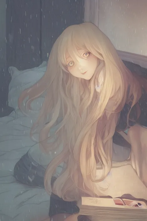 Image similar to a teenage girl in a jk uniform outfit in the bedroom reading a book in a night, raining outside the window, grey and orange theme ， wavy white long hair, by krenz cushart and mucha and akihito yoshida and greg rutkowski, detailed eyes, 4 k resolution