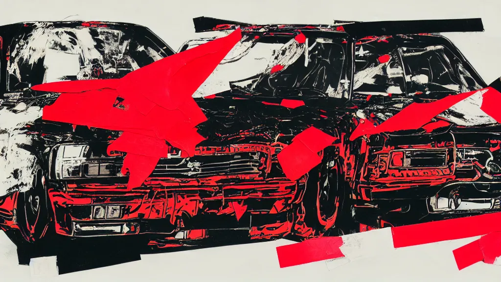 Image similar to lowrider crash test, collage paper and tape, black and red oil, acrylic on canvas, expressionism, high resolution, cinematic, unreal 6 breathtaking detailed, by blake neubert