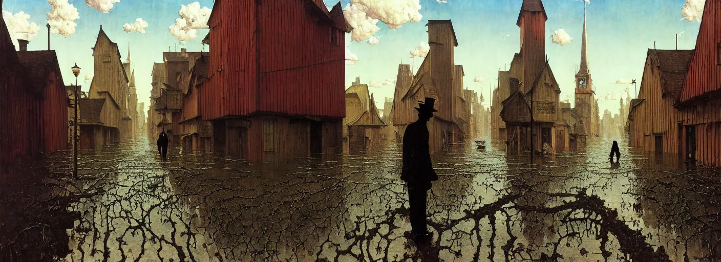 Image similar to flooded old wooden empty cursed city street, very coherent and colorful high contrast masterpiece by norman rockwell franz sedlacek rene magritte gediminas pranckevicius, full - length view, dark shadows, sunny day, hard lighting, reference sheet white background