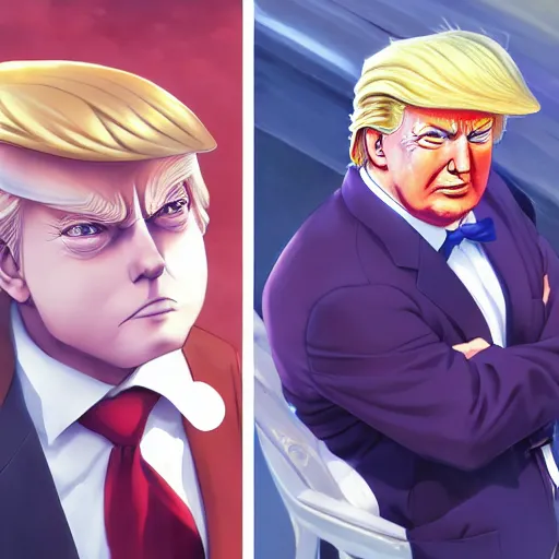 Image similar to anime portrait of Donald Trump as an anime girl by Stanley Artgerm Lau, WLOP, Rossdraws, James Jean, Andrei Riabovitchev, Marc Simonetti, and Sakimichan, trending on artstation