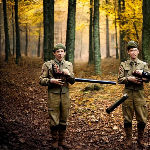 Image similar to portrait of soldiers armed with leaf blowers in a fall forest, by Steve McCurry and David Lazar, natural light, detailed face, CANON Eos C300, ƒ1.8, 35mm, 8K, medium-format print