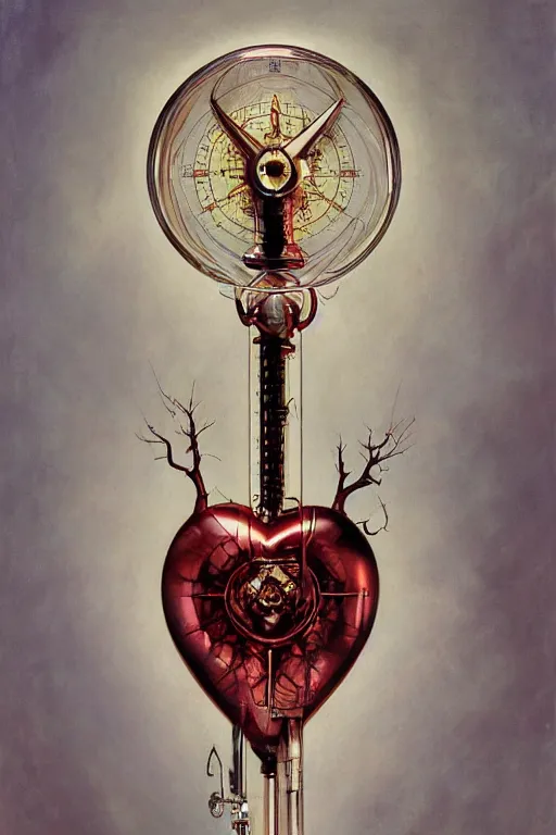 Prompt: accurate anatomical heart imagined as a compass, glass, painted by ruan jia, raymond swanland, lawrence alma tadema, zdzislaw beksinski, norman rockwell, jack kirby, tom lovell, alex malveda, greg staples, artgerm, greg rutkowski and alphonse mucha