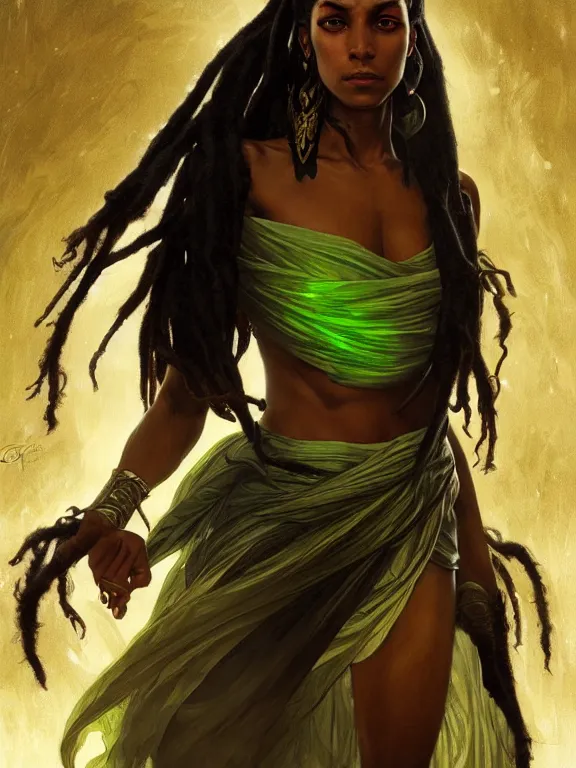 Prompt: portrait of combat dancer, female, black skin, pretty, green eyes, dreadlock black hair, high fantasy, arabian nights inspired, smooth, sharp focus, high fantasy, digital painting, by artgerm and greg rutkowski and alphonse mucha