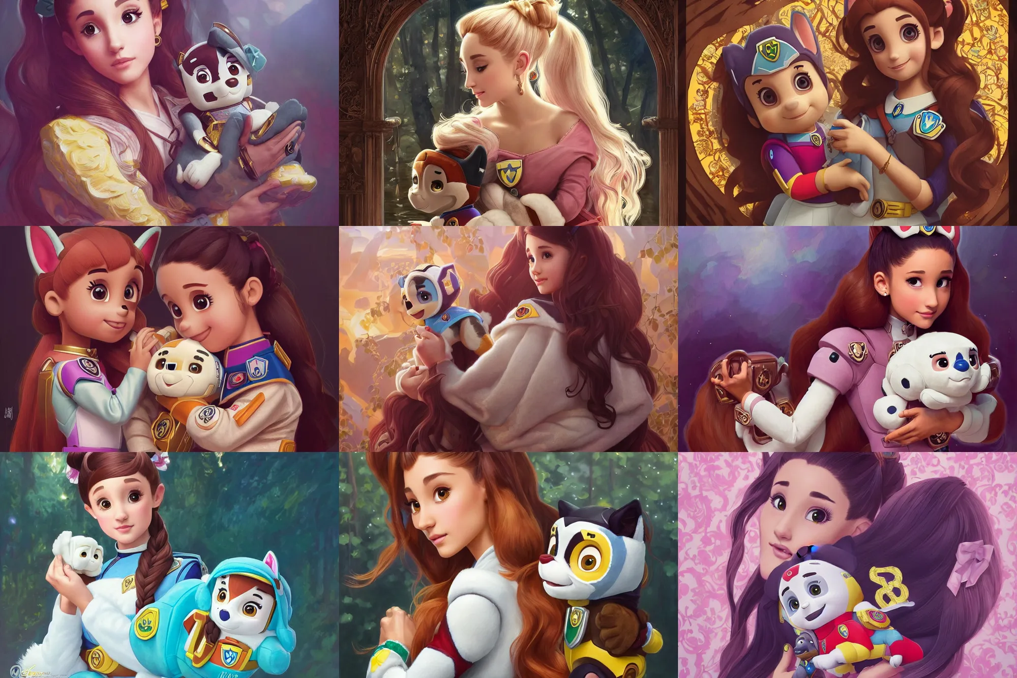 Prompt: beautiful cottagecore Ariana Grande holding a Paw Patrol Plushie, intricate, elegant, highly detailed, digital painting, artstation, concept art, smooth, sharp, focus, illustration, art by artgerm and greg rutkowski and alphonse mucha