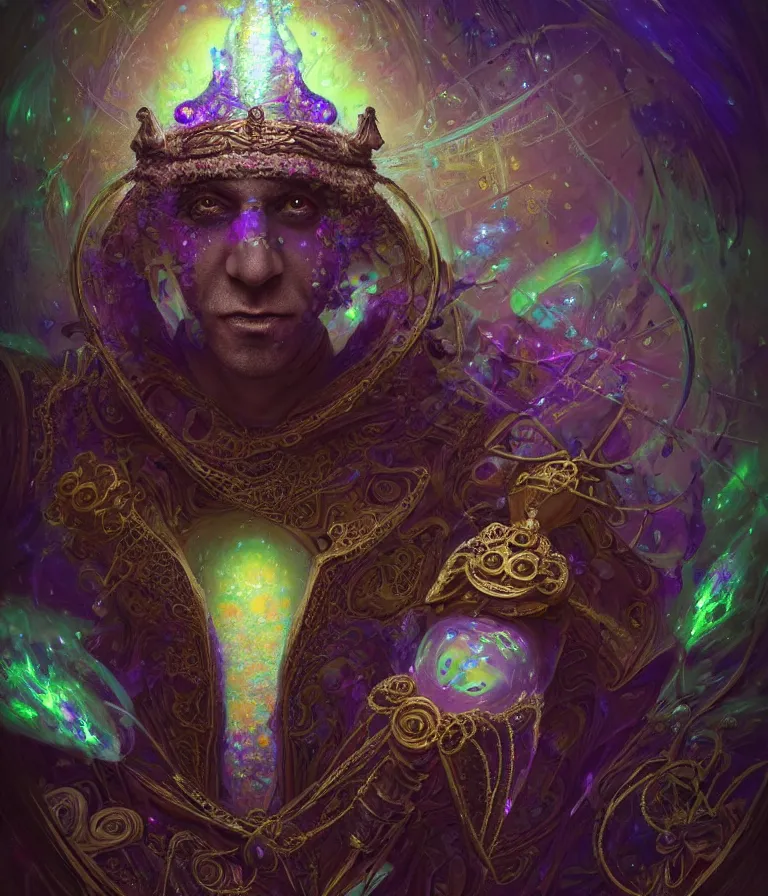 Image similar to front!!! shot of a court jester!!! character, mesmerizing fractal hypercubes, dark holography!!!, future, oil slick nebula, crystalline edges, (((intricate))), elegant, highly detailed, centered, (((artstation, concept art, smooth, sharp focus, artgerm, Tomasz Alen Kopera, Peter Mohrbacher, donato giancola, Joseph Christian Leyendecker, WLOP, Boris Vallejo))), ((raytracing)), mugshot!!!!!, ugly!!!!!!, octane render, nvidia raytracing demo, octane render, nvidia raytracing demo, octane render, nvidia raytracing demo, grainy, muted, 8K, digitalblasphemy, metatron