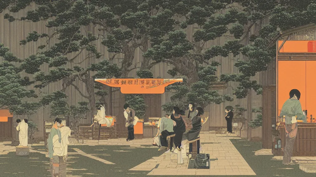 Image similar to There was a bar that ran out of water, everyone was thirsty and was drinking orange juice and other soft drinks to satiate their thirst, screen print by Kawase Hasui and dan hillier, 8k unreal engine