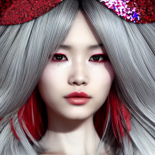 Image similar to Japanese model with maximalist hair style and makeup, fashion model, unreal engine octane, red and white, portrait, glitter, depth of field, 8k, hyper detailed, intricate, trending on artstation