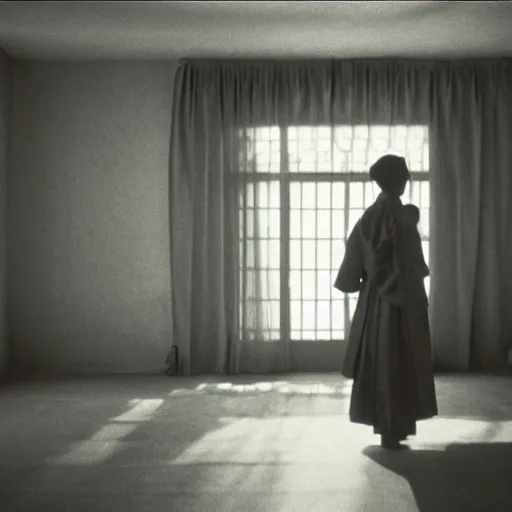 Image similar to woman in traditional hanbok waiting on living room couch, shadow of a giant Kaiju-eiga starfish, behind screen window, 35mm film still, monochrome, Wes Anderson, Fritz Lang
