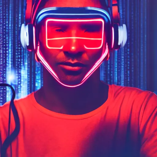 Image similar to a man, in red and blue spotlights, holds on to the headphones on his head, he wears dark visors, cyber songman, cyberpunk style portrait