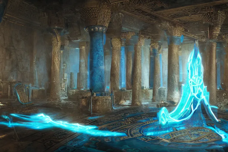 Image similar to old twisted staff weapon with a blue crystal at it's tip, fantasy movie scene greg rutkowski digital painting of an ornate and royal egyptian antechamber tomb, unreal engine, hyper realism, realistic shading, cinematic composition, blender render, octane render, hdr, detailed textures, photorealistic, ultrawide shot, 3 5 mm film