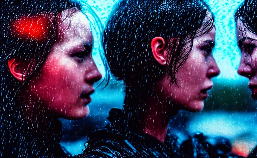 Image similar to cinestill 5 0 d candid photographic portrait by christopher nolan of two loving female androids wearing rugged black mesh techwear in treacherous waters, extreme closeup, modern cyberpunk retrofuturism moody emotional cinematic, pouring colorful rain, 8 k, hd, high resolution, 3 5 mm, f / 3 2, ultra realistic faces, ex machina