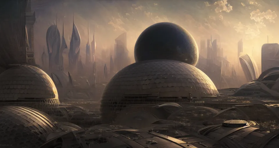 Image similar to cinematic shot, futuristic city on the moon, geodesic domes, digital painting, artstation, concept art, soft light, hdri, smooth, sharp focus, illustration, intricate, elegant, highly detailed, in the style of greg rutkowski and alphonse mucha and artemisia, 8 k, highly detailed, jurgens, rutkowski