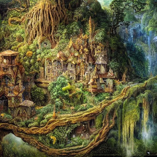 Image similar to a beautiful and highly detailed oil painting of a secret fairy land hidden deep in the lush mountains, wooden structures, intricate details, epic scale, insanely complex, 8 k, sharp focus, hyper realism, fantasy landscape, psychedelic, by caspar friedrich and brian froud,