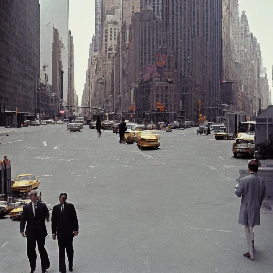 Prompt: a couple of men walking down a street next to tall buildings in new york, 1 9 6 0 s, colour film street photography, photo taken with ektachrome, featured on flickr, film grain