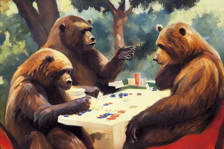 Prompt: 2 animals, gorrila, bear, playing poker highly detailed beautiful, by gregory manchess, james gurney, james jean