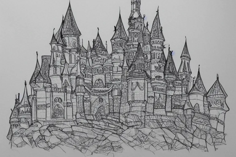 Prompt: single line sketch of elaborate intricate castle, scribble sketch, small details,