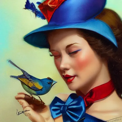 Image similar to a songbird wearing a crown, an indigo bunting, bird, blue canary, wearing a crown and bowtie by greg rutkowski, rossdraws, gil elvgren, enoch bolles, anime, very coherent