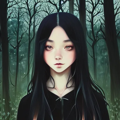 Image similar to a beautiful girl with long dark hair, wearing a black outfit, forest background, intricate, highly detailed, digital painting, artstation, official media, anime key visual, concept art, rich vivid colors, ambient lighting, sharp focus, illustration, art by Artgerm, Makoto Shinkai, Ilya Kuvshinov, Lois Van Baarle, and Rossdraws