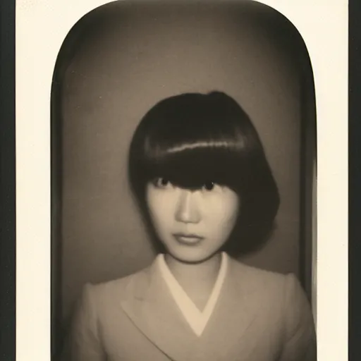 Image similar to polaroid of a young japanese woman on a train at night