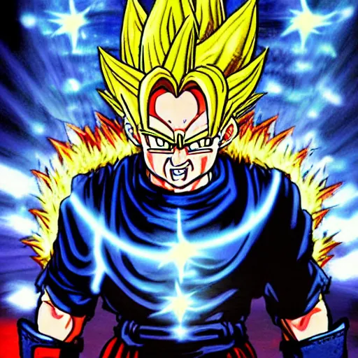 Image similar to François hollande transforming into super saiyan, drew by akira toryama