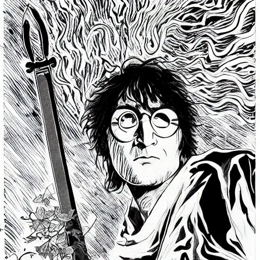 Prompt: pen and ink!!!! attractive 22 year old monochrome!!!! John Lennon highly detailed manga Vagabond!!!! telepathic floating magic swordsman!!!! glides through a beautiful!!!!!!! battlefield magic the gathering dramatic esoteric!!!!!! pen and ink!!!!! illustrated in high detail!!!!!!!! graphic novel!!!!!!!!! by Gustav Klimt, Moebius, and Hiroya Oku!!!!!!!!! MTG!!! award winning!!!! full closeup portrait!!!!! action manga panel