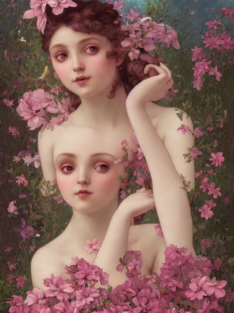 Image similar to one pink fairy with large wings exploring her lonely flower garden by herself in the style of tom bagshaw, william bouguereau, lois van baerle, ilya kuvshinov, alphonse mucha, extremely detailed, muted colors, symmetrical face, large eyes, beautiful face