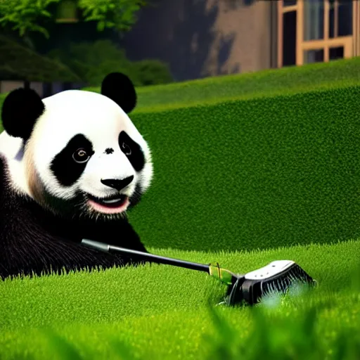 Image similar to a panda mowing the lawn, cinematic, ray traced, octane render, cinematic lighting, ultrarealistic, featured on artstation, 8 k uhd artwork