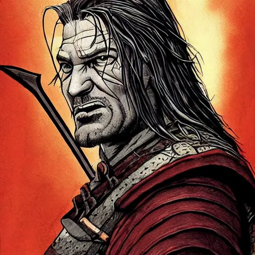 Prompt: precisely drawn illustration of Boromir blended with Geralt of Rivia, wide angle, sharp, fine details, French comic style, vibrant realistic colors, full color, heroic fantasy, intense line art, 8k, precise linework, realistic, in the style of Heavy Metal Comics and Richard Corben and Moebius