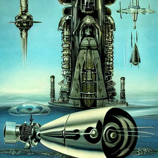 Image similar to atompunk space ship sailing the infinite cosmos, grand scale, raygun gothic style, painting by h. r. giger