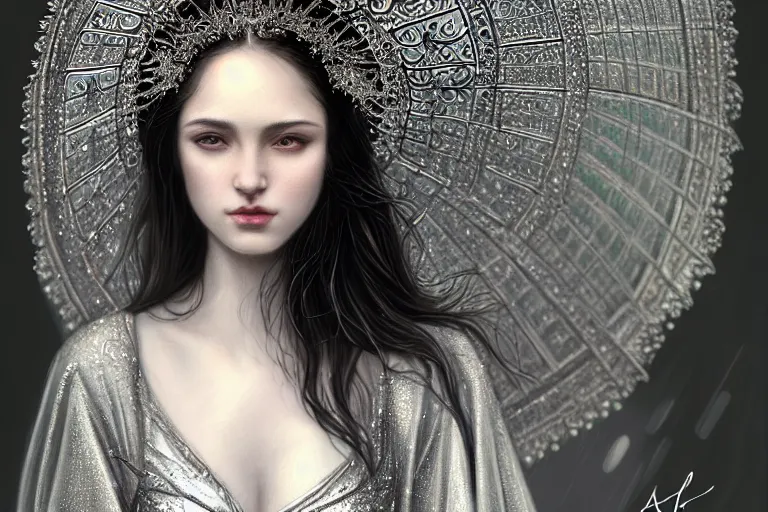 Image similar to highly detailed portrait of a beautiful girl in the rain with wet dark hair and pale skin, ornate elegant silver robes, fantasy, intricate, elegant, dramatic lighting, emotionally evoking symbolic metaphor, highly detailed, lifelike, photorealistic, digital painting, artstation, concept art, smooth, sharp focus, illustration, art by John Collier and Albert Aublet and Krenz Cushart and Artem Demura and Alphonse Mucha