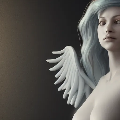 Image similar to a beautiful woman with angel wings a cloudy background, 3 d render octane, trending on artstation