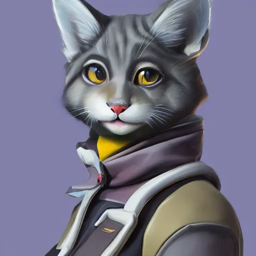 Prompt: Portrait painting an anthropomorphic Gray cat wearing a jacket and a collar, as an Overwatch character, medium shot, asymmetrical, profile picture, Organic Painting, sunny day, Matte Painting, bold shapes, hard edges, street art, trending on artstation, by Huang Guangjian and Gil Elvgren and Sachin Teng