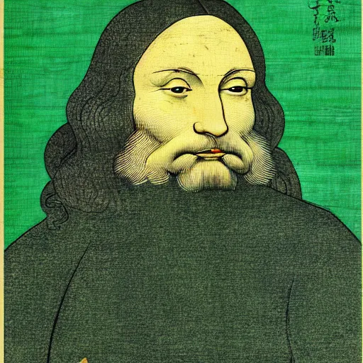 Image similar to portrait of leonardo da vinci in simple green background in the style of japanese cartoon and japanese wood print