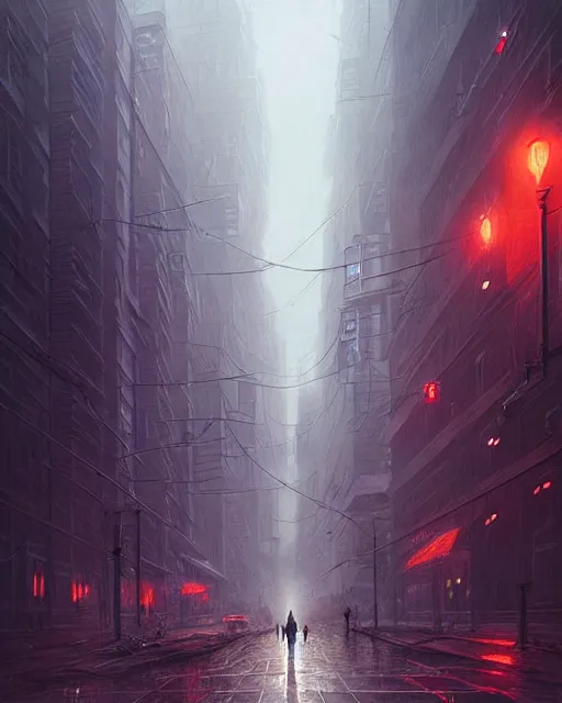 Prompt: professional ominous concept art of a dreary cyberpunk downtown street by artgerm and greg rutkowski. an intricate, elegant, highly detailed digital painting, concept art, smooth, sharp focus, illustration, in the style of simon stalenhag, wayne barlowe, and igor kieryluk.