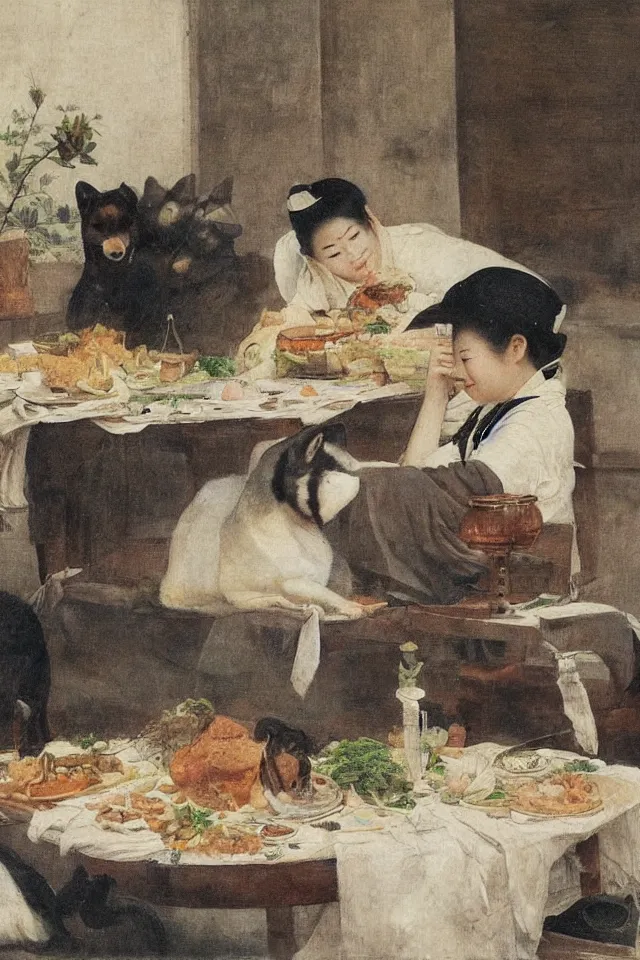 Image similar to a shiba inu eating lunch in colonial - era manila, in the style of juan luna, 8 k, highly detailed, artistic, romanticism art style