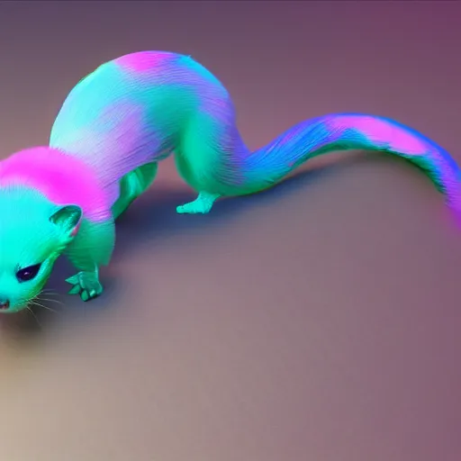 Image similar to neon fluorescent, iridescent cute ferrets cyperpunk 2 0 7 7, unreal engine 5, 8 k ultra realistic, hyperdetailed, volumetric lighting, extremely high quality