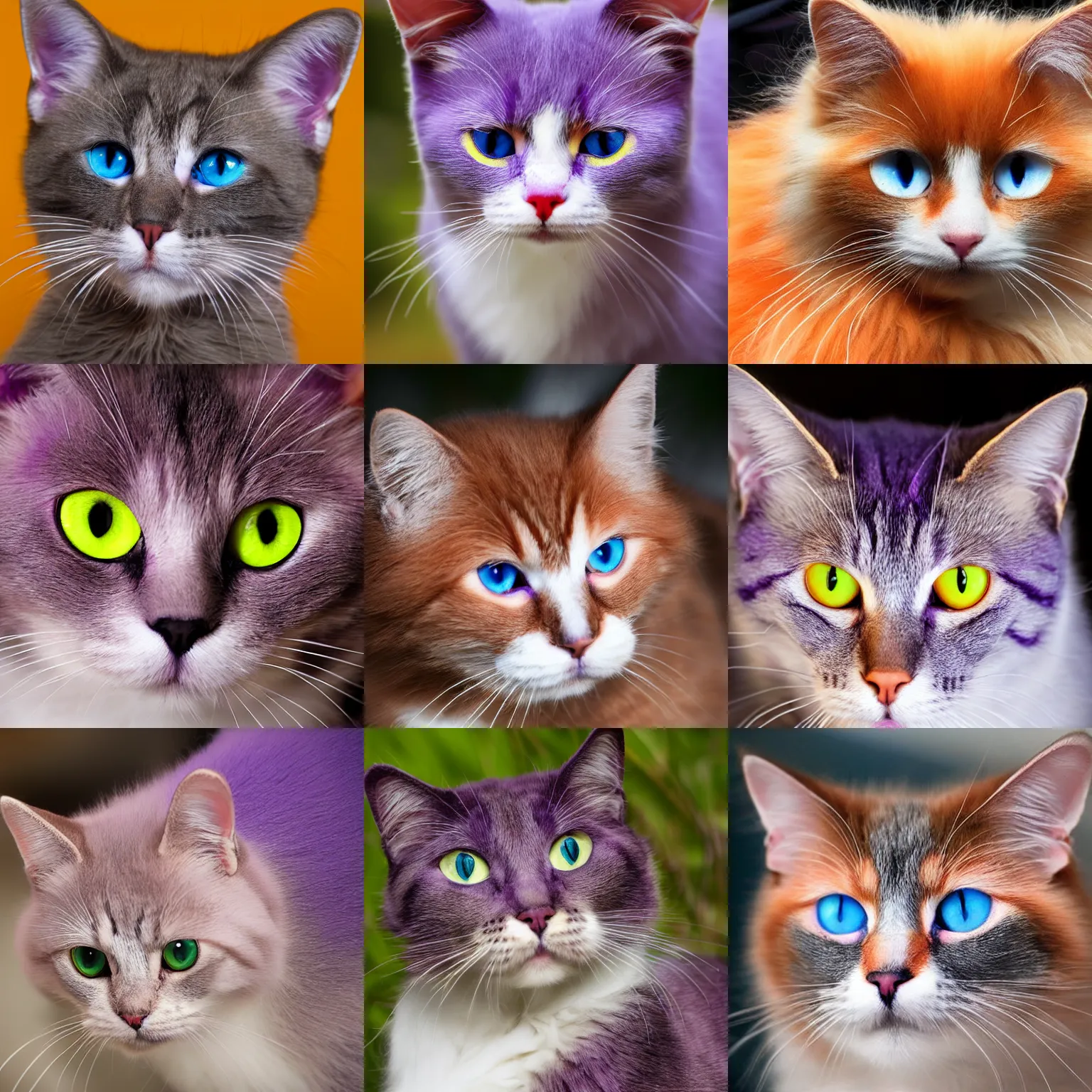 Prompt: purple cat, with his eyes died orange, fluffy, photo