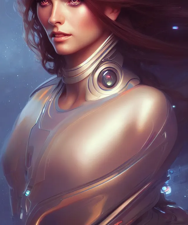 Image similar to futuristic woman portrait, sci-fi, amber eyes, face, long hair, fantasy, intricate, elegant, highly detailed, digital painting, artstation, concept art, smooth, sharp focus, illustration, art by artgerm and greg rutkowski and alphonse mucha