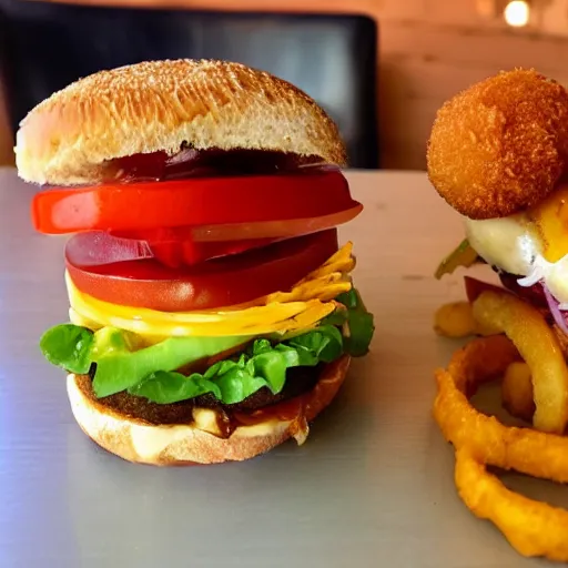 Prompt: one sandwich with fried tofu, one red tomato slice, mayonnaise, one onion ring, avocado, melted cheddar, over a red dish that is on a table, with a sunset and rainbow in the background with saturn and stars in the sky