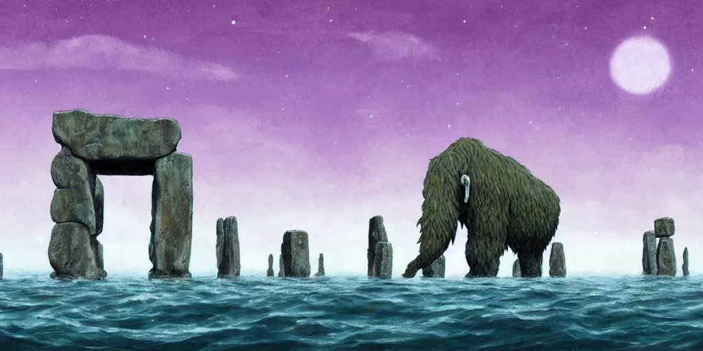 Image similar to a realistic cell - shaded studio ghibli concept art from paprika ( 2 0 0 6 ) of a giant wooly mammoth in a flooded stonehenge easter island on a misty starry night. very dull colors, wide shot, hd, 4 k, hq