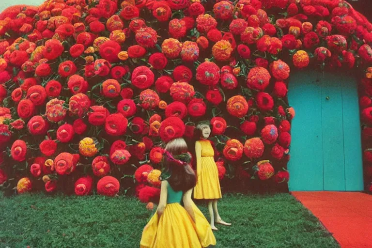 Image similar to giant flower head, girl standing, 1 9 6 0 s architecture, surreal photography, symmetry, mid century, liminal space, bright colours, wes anderson